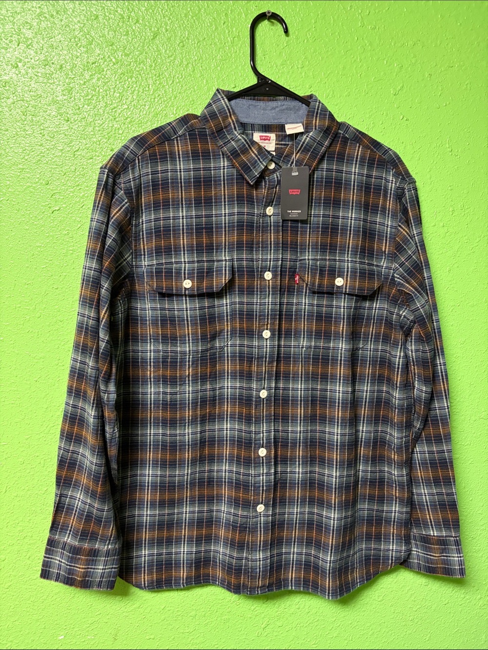 Levi's Men's Navy and Brown Plaid Button-Down Shirt
